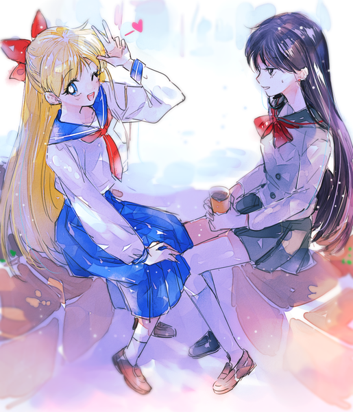 Anime picture 1029x1200 with bishoujo senshi sailor moon toei animation aino minako hino rei ahma long hair tall image looking at viewer fringe open mouth blue eyes black hair blonde hair multiple girls full body profile one eye closed wink victory half updo