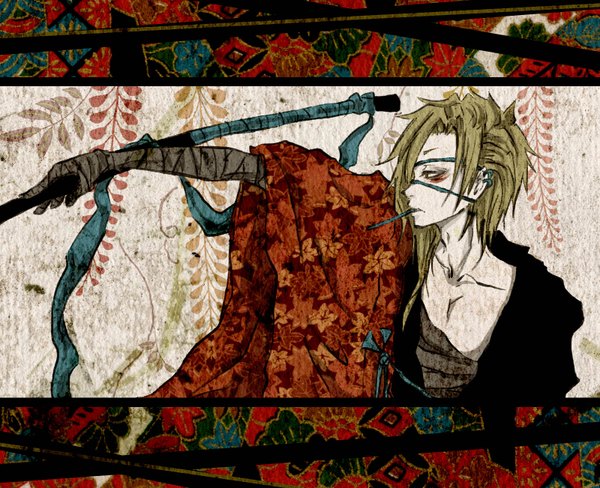 Anime picture 1600x1302 with original shuu iori (artist) single blonde hair profile mouth hold boy weapon earrings bandage (bandages) eyepatch