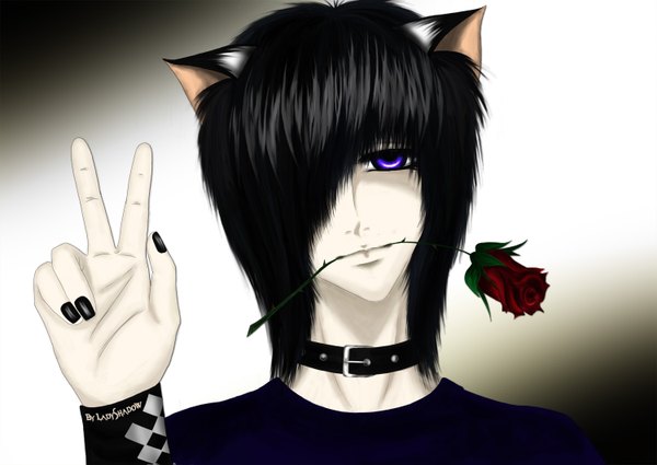Anime picture 1500x1063 with original ladyshadow92 single fringe black hair simple background purple eyes animal ears nail polish light smile cat ears hair over one eye mouth hold victory face flower in mouth boy flower (flowers) rose (roses) collar