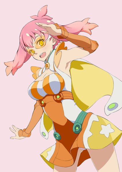 Anime picture 1446x2046 with punchline mappa narugino mikatan strange juice galaxea single tall image looking at viewer fringe short hair open mouth light erotic simple background pink hair :d from below armpit (armpits) pantyshot symbol-shaped pupils pink background
