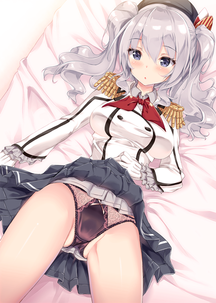 Anime picture 858x1200 with kantai collection kashima training cruiser fukuda shuushi single long hair tall image looking at viewer blush blue eyes light erotic silver hair skirt lift girl gloves uniform underwear panties white gloves bed black panties