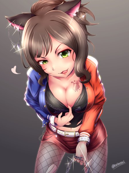 Anime picture 600x800 with idolmaster idolmaster cinderella girls maekawa miku teirettei single tall image looking at viewer blush short hair breasts light erotic simple background brown hair green eyes signed animal ears cleavage from above cat ears open jacket