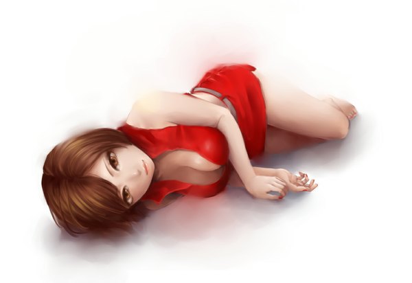 Anime picture 1164x800 with vocaloid meiko shiikarai single looking at viewer breasts simple background brown hair large breasts white background bare shoulders brown eyes lying nail polish barefoot bare belly bare legs no shoes girl skirt