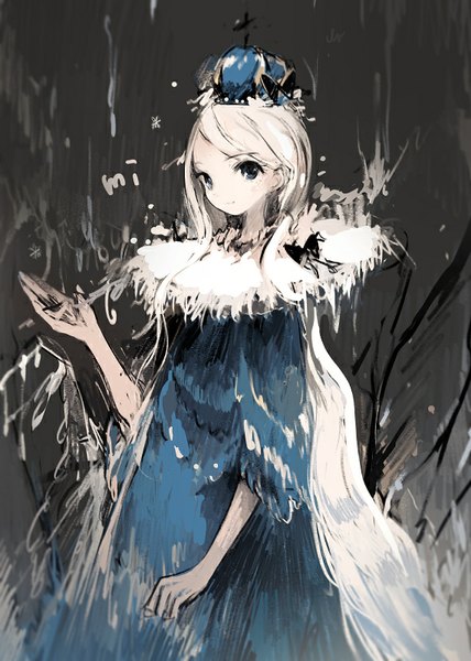 Anime picture 571x800 with original asahiro single tall image looking at viewer blue eyes standing white hair very long hair outstretched arm girl bow fur crown