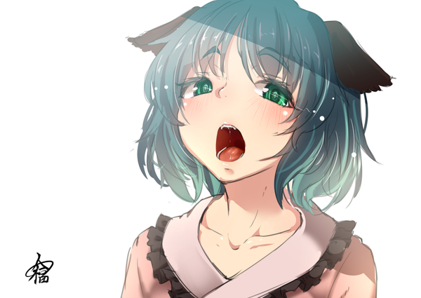 Anime picture 977x693 with touhou kasodani kyouko ayagi daifuku single looking at viewer blush short hair open mouth simple background white background green eyes animal ears head tilt green hair saliva dog ears girl frills