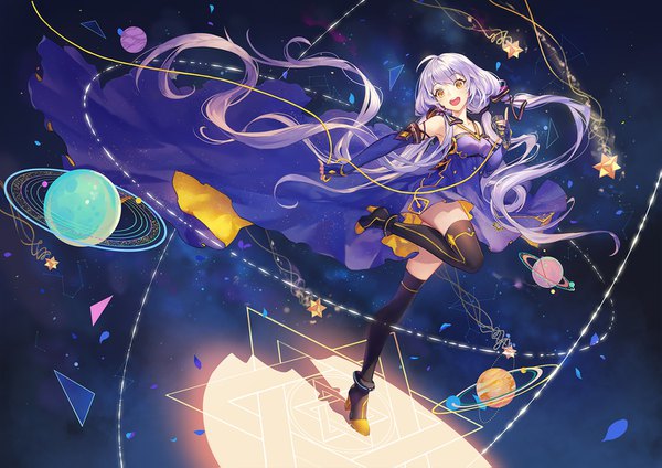 Anime picture 1515x1071 with vocaloid xingchen criin long hair open mouth standing yellow eyes looking away silver hair full body ahoge very long hair :d floating hair light standing on one leg happy tress ribbon girl thighhighs