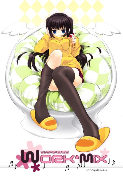 Anime picture 900x1278 with original juna single long hair tall image looking at viewer blue eyes black hair girl thighhighs black thighhighs shoes headphones sweater slippers digital media player