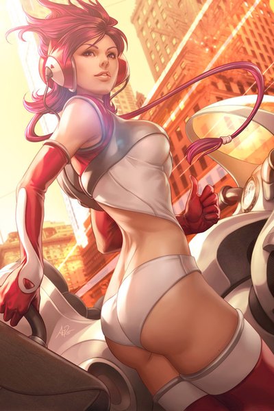 Anime picture 1024x1536 with original pepper project artgerm (stanley lau) long hair tall image red eyes pink hair looking back lips realistic city girl gloves elbow gloves headphones building (buildings) motorcycle