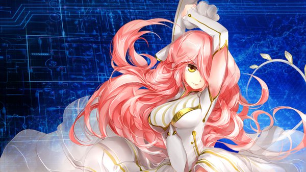 Anime picture 1280x720 with sony aiko (playstation 3) single long hair fringe breasts smile wide image yellow eyes pink hair hair over one eye arms up official art wavy hair blue background smirk girl dress detached sleeves white dress
