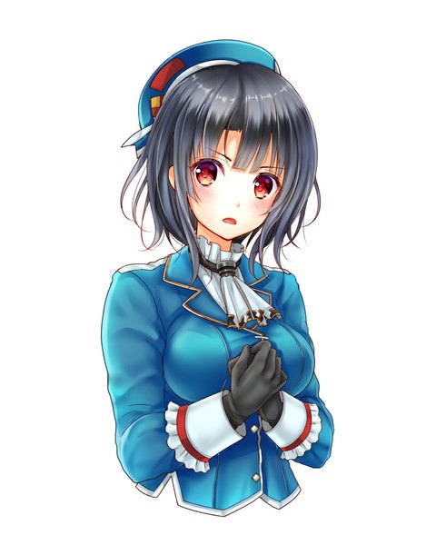 Anime picture 800x1000 with kantai collection takao heavy cruiser sakura moyon single tall image looking at viewer blush fringe short hair breasts open mouth black hair simple background red eyes large breasts white background girl uniform military uniform peaked cap