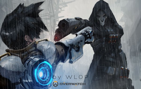 Anime picture 1506x949 with overwatch blizzard entertainment tracer (overwatch) reaper (overwatch) wlop short hair black hair standing signed upper body from behind copyright name outstretched arm rain spiked hair logo mexican standoff girl boy weapon