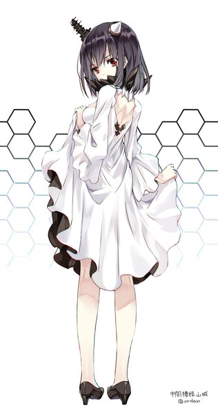 Anime picture 600x1137 with kantai collection yamashiro battleship orda single tall image looking at viewer short hair black hair red eyes signed turning head cosplay dress lift midway hime (cosplay) girl dress hair ornament shoes white dress