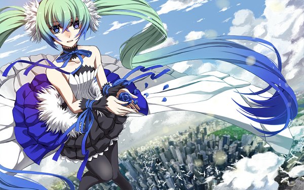 Anime picture 1032x646 with 7th dragon 7th dragon 2020 vocaloid hatsune miku cross akiha single looking at viewer fringe open mouth blue eyes twintails sky cloud (clouds) bent knee (knees) very long hair multicolored hair two-tone hair city cityscape knees touching