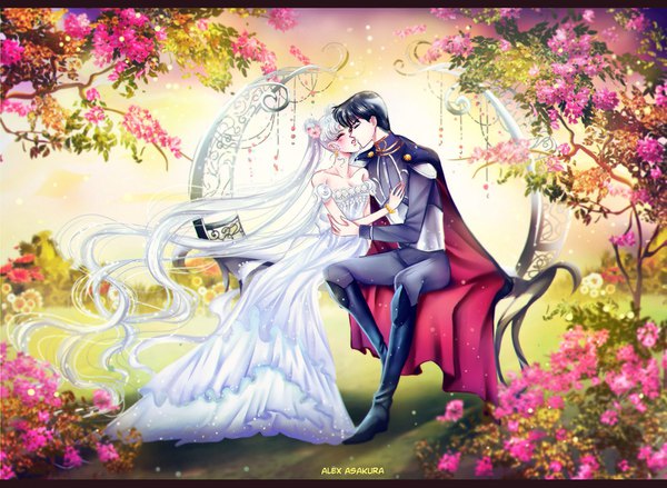 Anime picture 1581x1158 with bishoujo senshi sailor moon toei animation tsukino usagi princess serenity chiba mamoru prince endymion alex-asakura short hair black hair sitting twintails signed white hair eyes closed very long hair hair bun (hair buns) depth of field couple hug almost kiss