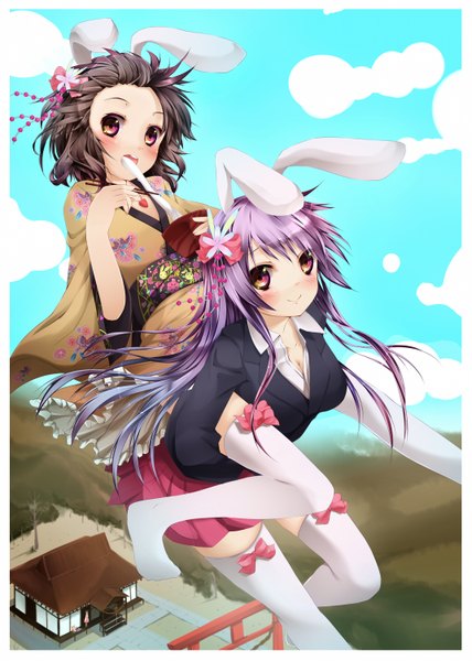 Anime picture 1071x1500 with touhou hakurei reimu reisen udongein inaba ibuki suika inaba tewi nironiro long hair tall image blush short hair black hair multiple girls animal ears yellow eyes purple hair cloud (clouds) japanese clothes hair flower bunny ears mouth hold