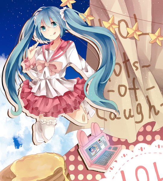 Anime picture 1800x2000 with vocaloid lol -lots of laugh- (vocaloid) hatsune miku hetayusa single long hair tall image highres blue eyes twintails blue hair :p girl thighhighs dress bow white thighhighs star (symbol) star (stars)