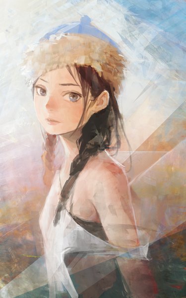 Anime picture 1200x1920 with original arata yokoyama single long hair tall image breasts blue eyes brown hair payot looking away upper body braid (braids) parted lips lips realistic grey eyes twin braids flat chest strap slip girl