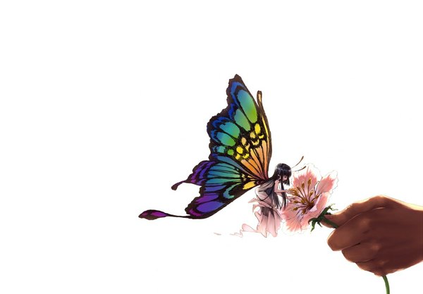 Anime picture 1150x800 with original denpaderupa long hair black hair simple background white background light smile pointy ears couple insect wings butterfly wings fairy girl dress flower (flowers) wings hand
