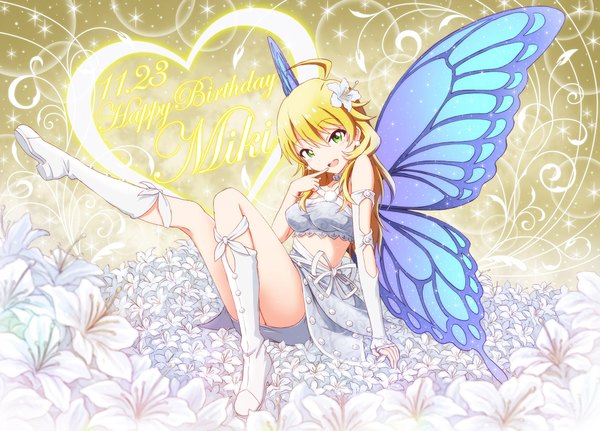 Anime picture 1825x1313 with idolmaster hoshii miki outsider 0 single long hair looking at viewer highres open mouth blonde hair green eyes ahoge hair flower finger to mouth insect wings butterfly wings girl dress hair ornament flower (flowers) wings