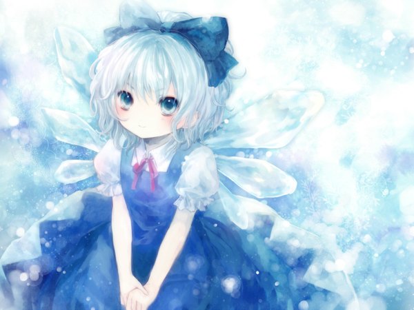 Anime picture 1600x1200 with touhou cirno onineko single looking at viewer blush short hair blue eyes smile blue hair girl bow ribbon (ribbons) wings