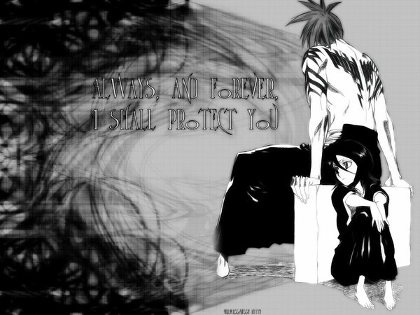 Anime picture 1024x768 with bleach studio pierrot kuchiki rukia abarai renji short hair barefoot tattoo text back monochrome bare back english third-party edit girl boy