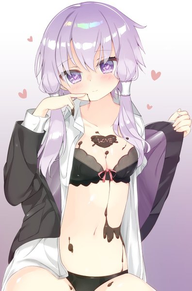 Anime picture 800x1213 with vocaloid voiceroid yuzuki yukari kamioka shun'ya single long hair tall image blush fringe breasts light erotic simple background hair between eyes purple eyes purple hair head tilt open clothes gradient background finger to mouth symbol-shaped pupils
