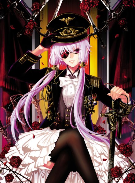 Anime picture 1000x1358 with vocaloid yuzuki yukari stells single long hair tall image twintails purple eyes pink hair crossed legs low twintails girl thighhighs dress uniform flower (flowers) weapon black thighhighs petals sword