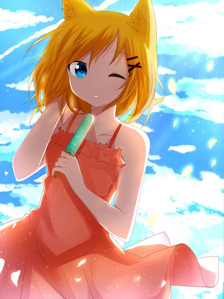 Anime picture 1500x2000 with original perry meow single tall image short hair blue eyes blonde hair standing bare shoulders animal ears cloud (clouds) eyes closed one eye closed wind wink sunlight cat ears adjusting hair sunbeam girl