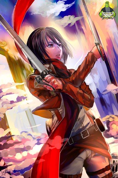 Anime picture 600x900 with shingeki no kyojin production i.g mikasa ackerman sarahwidiyanti single tall image fringe short hair open mouth black hair hair between eyes brown eyes looking away cloud (clouds) dutch angle girl weapon sword belt scarf