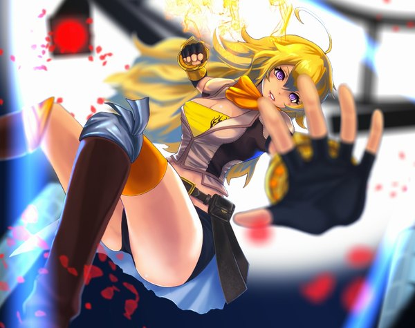 Anime picture 1445x1146 with rwby rooster teeth yang xiao long harada isuka single long hair open mouth light erotic blonde hair purple eyes ahoge ass lipstick jumping battle girl gloves petals scarf fingerless gloves