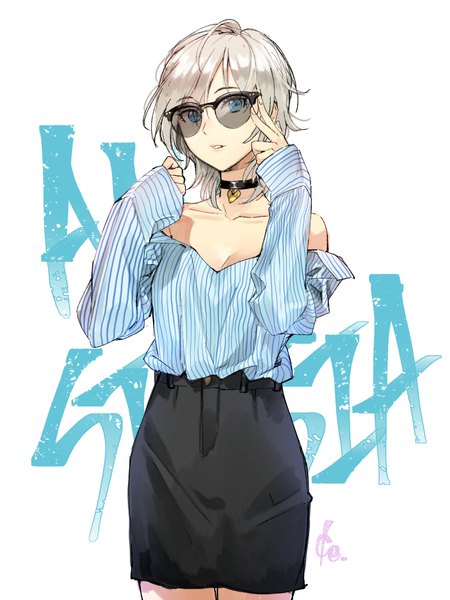 Anime picture 700x933 with idolmaster idolmaster cinderella girls anastasia (idolmaster) ice (ice aptx) single tall image looking at viewer short hair blue eyes light erotic simple background bare shoulders signed parted lips grey hair inscription sleeves past wrists adjusting sunglasses girl skirt