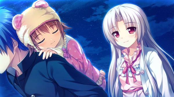 Anime picture 1280x720 with dekinai watashi ga, kurikaesu. akabei soft3 furukawa ren akizora momiji long hair blush short hair red eyes brown hair wide image multiple girls game cg white hair eyes closed night sleeping girl dress 2 girls cap