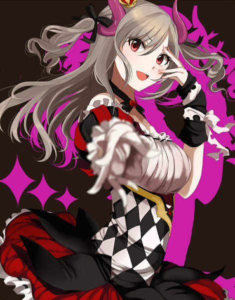 Anime picture 800x1018 with idolmaster idolmaster cinderella girls kanzaki ranko sinsihukunokonaka misumi (macaroni) single long hair tall image looking at viewer open mouth red eyes horn (horns) grey hair outstretched hand awakened devil lord girl dress gloves bow hair bow