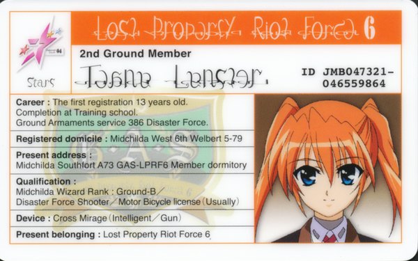 Anime picture 2000x1250 with mahou shoujo lyrical nanoha mahou shoujo lyrical nanoha strikers teana lanster highres wide image girl id card