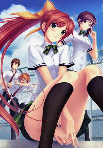 Anime picture 2432x3500 with kimi ga ita kisetsu isumi marika yagawa mutsuki miyata sou long hair tall image blush highres short hair light erotic red eyes brown hair multiple girls green eyes ponytail red hair pantyshot sitting girl boy skirt