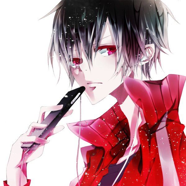 Anime picture 1850x1850 with kagerou project shaft (studio) kisaragi shintarou daiviad single highres short hair black hair simple background white background pink eyes open collar boy headphones wire (wires) phone