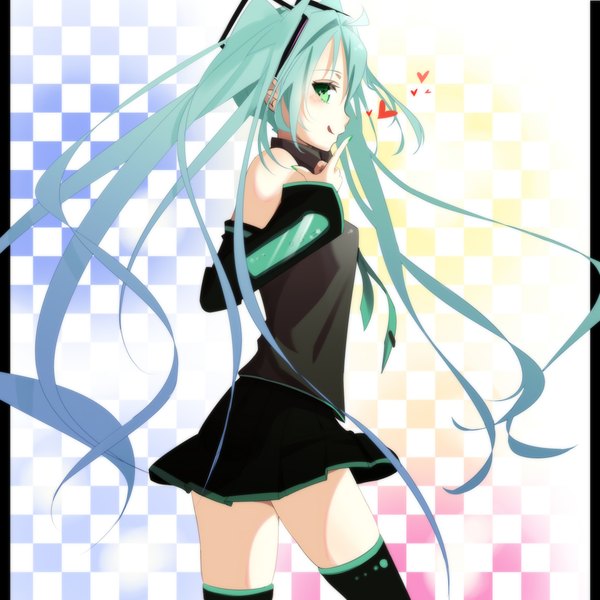 Anime picture 4092x4092 with vocaloid hatsune miku koyaya (sorano) single long hair looking at viewer blush highres bare shoulders green eyes absurdres nail polish profile aqua hair checkered background girl thighhighs skirt detached sleeves necktie