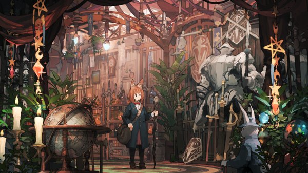 Anime picture 1920x1080 with original jean popo fringe highres short hair blue eyes brown hair wide image standing sitting holding animal ears payot looking away indoors pleated skirt orange hair wallpaper fox ears fox girl