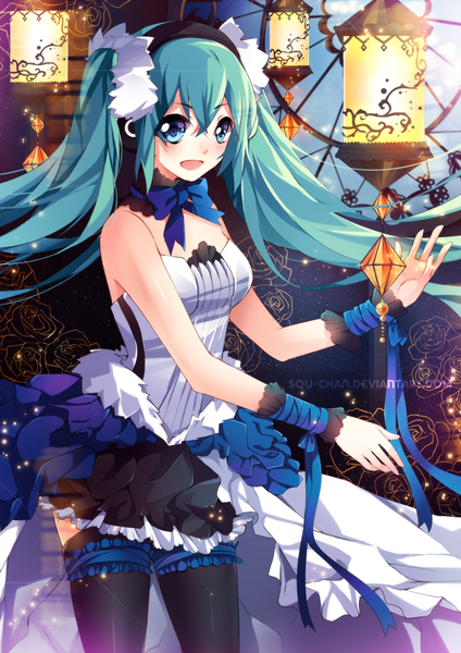 Anime picture 849x1200 with vocaloid hatsune miku squchan single long hair tall image open mouth blue eyes smile twintails aqua hair light girl thighhighs dress bow ribbon (ribbons) black thighhighs wrist cuffs lantern