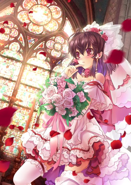 Anime picture 900x1265 with touhou hakurei reimu kingchenxi single tall image blush short hair red eyes brown hair bare shoulders wedding girl thighhighs dress flower (flowers) petals white thighhighs rose (roses) bouquet wedding dress