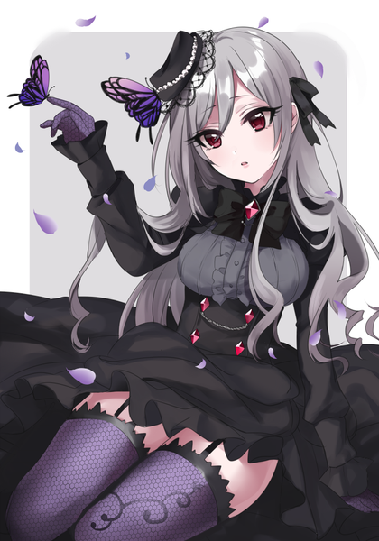 Anime picture 700x1000 with idolmaster idolmaster cinderella girls kanzaki ranko sinsihukunokonaka single long hair tall image looking at viewer blush fringe breasts simple background hair between eyes large breasts parted lips head tilt grey hair grey background arm support border