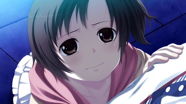 Anime picture 1024x576 with suigetsu 2 short hair brown hair wide image brown eyes game cg sad girl