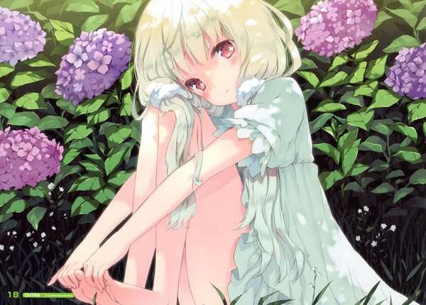 Anime picture 3484x2500 with cafe sourire cuffs (studio) ogiwara kyouko cuteg long hair blush highres blonde hair red eyes sitting absurdres barefoot leg hug girl flower (flowers) plant (plants) hydrangea