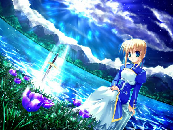 Anime picture 1280x960 with fate (series) fate/stay night studio deen type-moon artoria pendragon (all) saber girl dress flower (flowers) sword water
