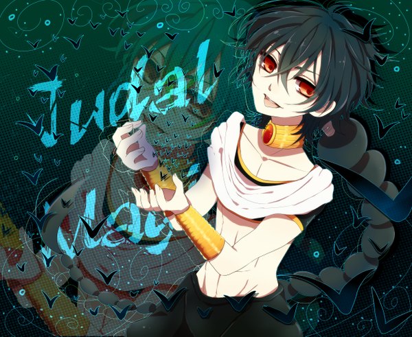 Anime picture 1250x1023 with magi the labyrinth of magic a-1 pictures judal kasuge (artist) single long hair open mouth black hair red eyes single braid zoom layer boy bracelet collar