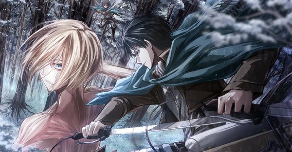 Anime picture 1150x600 with shingeki no kyojin production i.g mikasa ackerman levi (rivaille) annie leonhart female titan angel31424 fringe short hair blue eyes black hair blonde hair wide image holding bent knee (knees) fighting stance serious dual wielding weightlessness girl