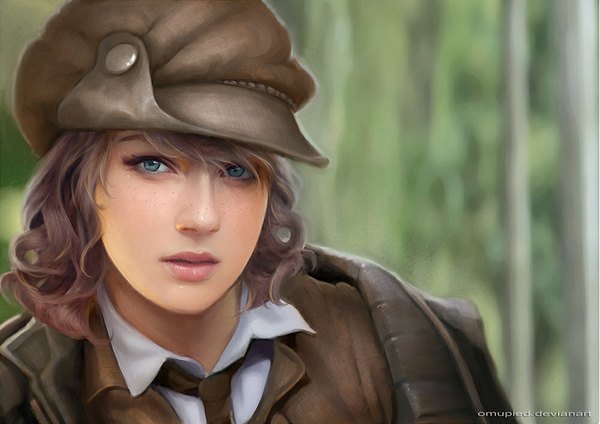 Anime picture 1000x707 with omupied single long hair open mouth blue eyes brown hair signed lips realistic close-up face freckles curly hair girl necktie peaked cap
