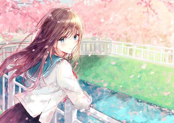Anime picture 1000x707 with original hiten (hitenkei) single long hair looking at viewer blush fringe blue eyes smile hair between eyes brown hair upper body outdoors pleated skirt looking back light smile wind from behind cherry blossoms river