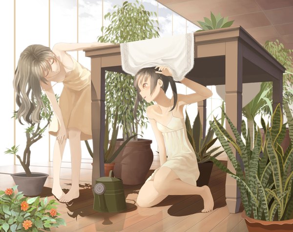 Anime picture 1893x1504 with original throtem long hair blush highres open mouth black hair twintails bare shoulders multiple girls brown eyes eyes closed barefoot grey hair bare legs strap slip girl dress 2 girls plant (plants)