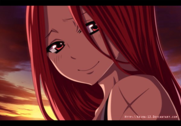 Anime picture 1390x970 with fairy tail flare corona akira-12 single long hair blush smile red eyes sky cloud (clouds) red hair coloring evening portrait sunset scar close-up face girl